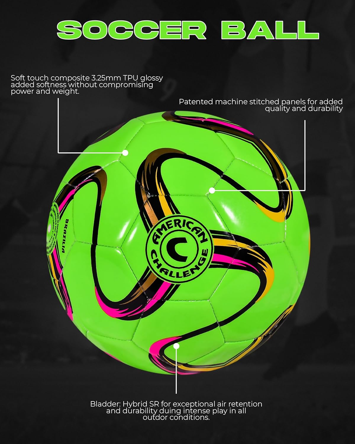 American Challenge Brasilia Soccer Ball – Soccer Ball Size 5, 4, 3 & 2 – for Youth & Adults – Ideal for Practice, Training & Grass Fields