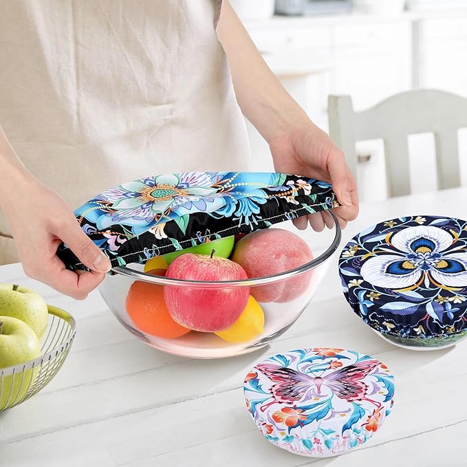 5 Pieces Bowl Covers Reusable, 5 Size Elastic Cloth Bowl Covers for Bread Proofing, Food Covers Washable for Food Fruits Leftover (Lotus Floral)