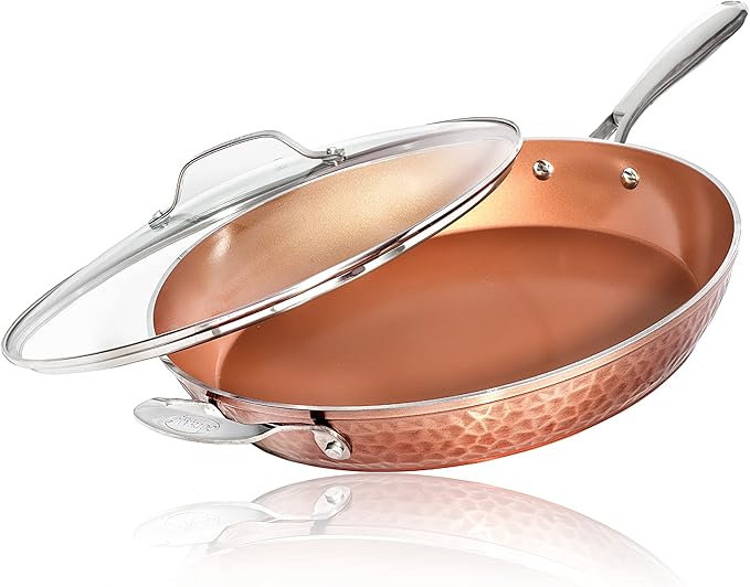Gotham Steel Hammered Copper 14 Inch Non Stick Frying Pan with Lid, Nonstick Frying Pan with Ceramic Coating and Induction Plate for Even Heating, Oven / Dishwasher Safe, 100% Healthy & Non Toxic