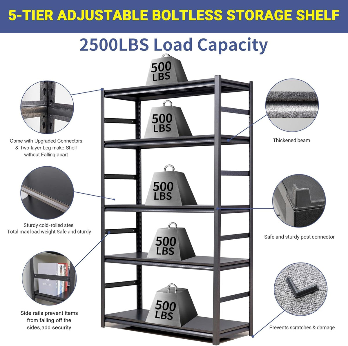 TOPKEY Metal Storage Shelf Garage Storage Shelves, Heavy Duty 5-Tier Utility Shelves for Garage, Kitchen, Warehouse, Adjustable Basement Storage Rack, Load 2500LBS, 78" H x 47.2" W x 18" D