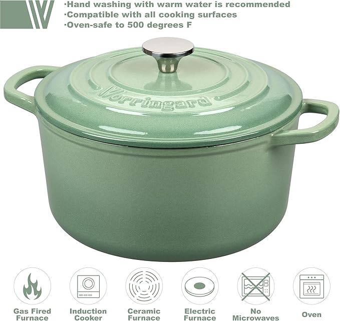 VORRINGARD Enameled Cast Iron Dutch Oven Pot with Lid, for Sourdough Bread Baking, Round Dutch Ovens, 6 Quart, Sage green
