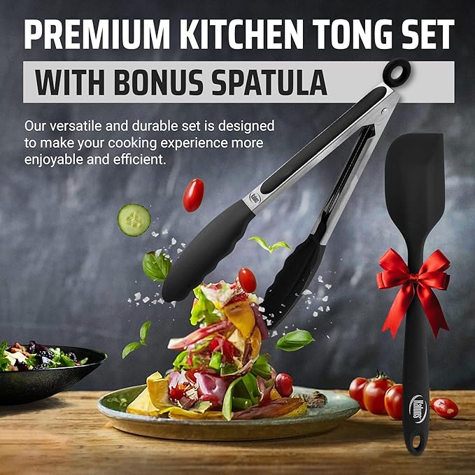 Kaluns Kitchen Tongs for Cooking Grilling Set of 4, BBQ Grill Tongs With Silicone Tip Stainless Steel Heat Resistant, Non-stick Pull Lock, Incl 7, 9, 12 Inch Tong Plus a Silicone Spatula