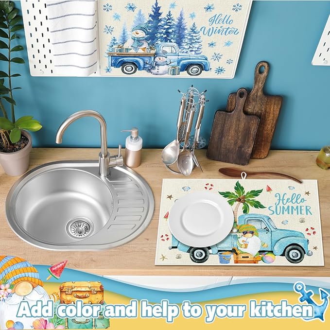 Teenyyou 4 Pcs Seasonal Dish Drying Mats for Kitchen 24"x 16" Winter Holiday Microfiber Absorbent Washable Drainer Mat for Counter Spring Summer Fall Home Accessories Decoration(Truck)