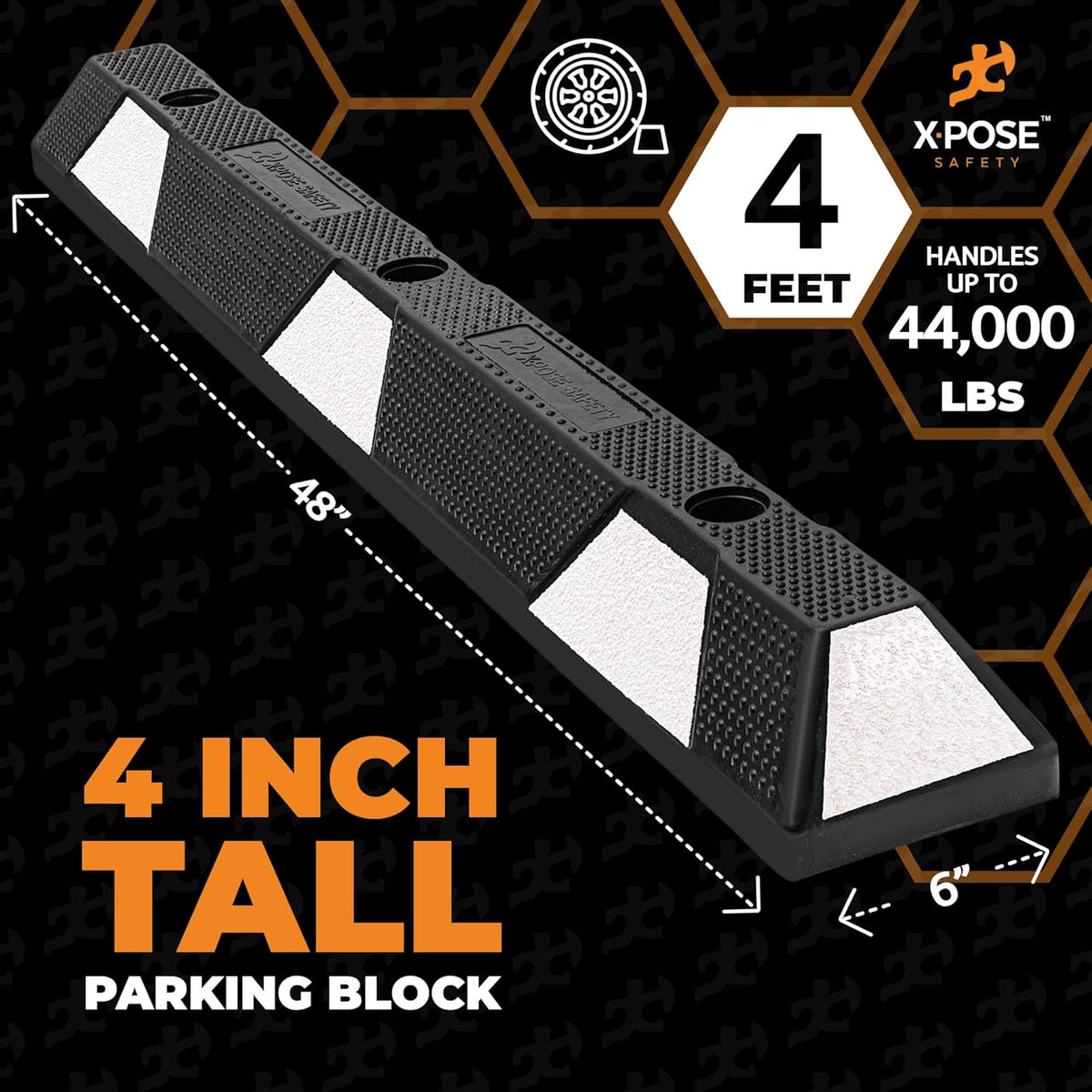 Xpose Safety 72" Heavy Duty Rubber Parking Stopper – Bulk 2 Full Pallets 100 Pack Wheel Blocks for Garage, Driveway, or Ramp – Car Bumper Stop with White Reflective Strips – Removable Floor Mount