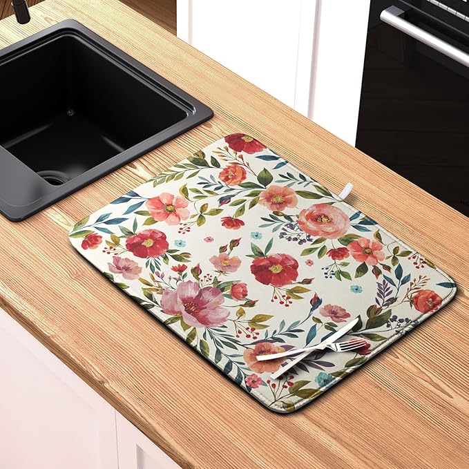 Floral Dish Drying Mat for Kitchen Counter Absorbent Microfiber Dishes Drying Pad Cute Flowers Dish Drainer Rack Mats Washable Coffee Sink Mat 16x18 Inch