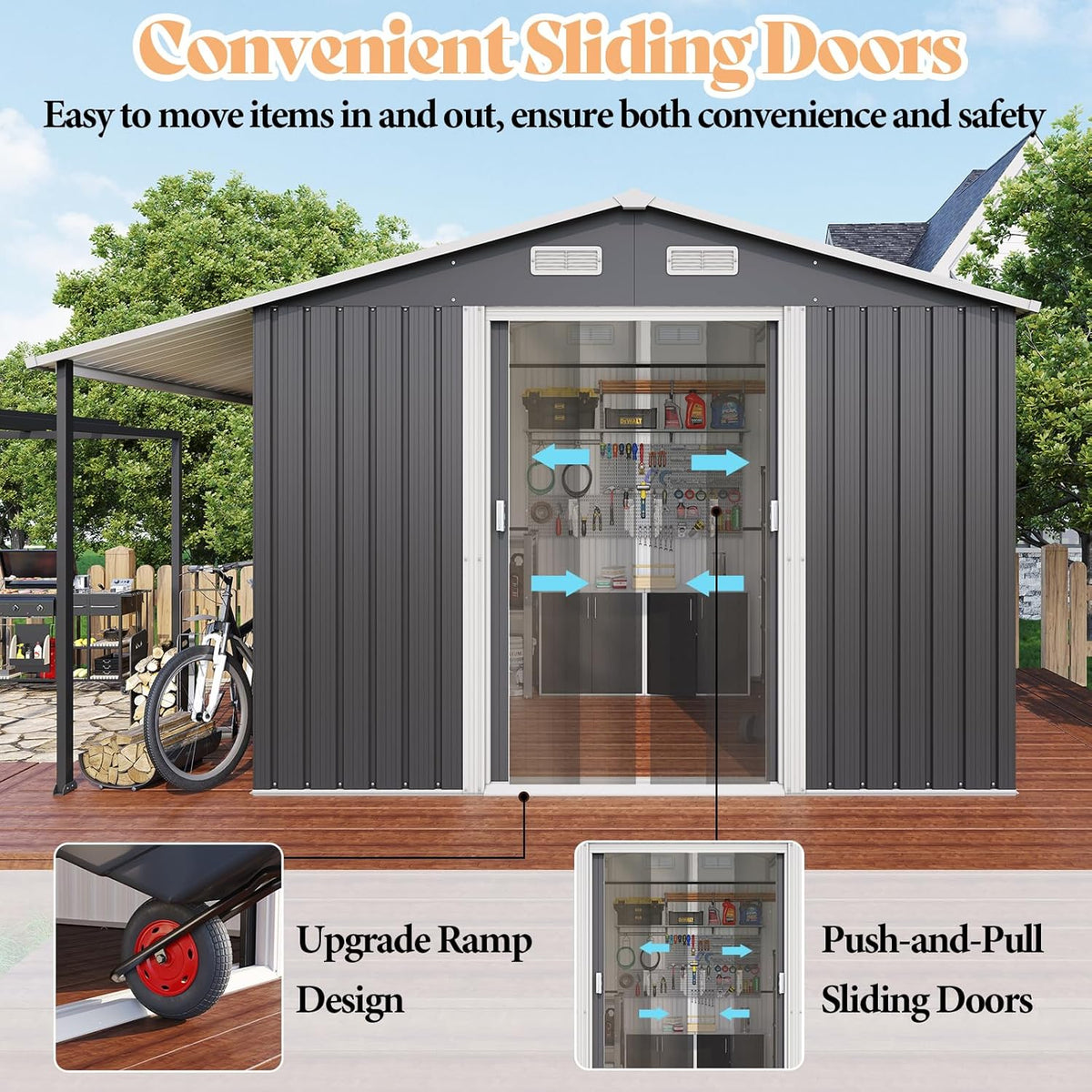 AMERLIFE 10.6x10.3x6.3 FT Galvanized Metal Storage Shed with Open Firewood Bay, Sliding Doors & Ramp, 2 Windows & Vents, Weather-Resistant Outdoor Tool/Garden Shed, Dark Grey/White
