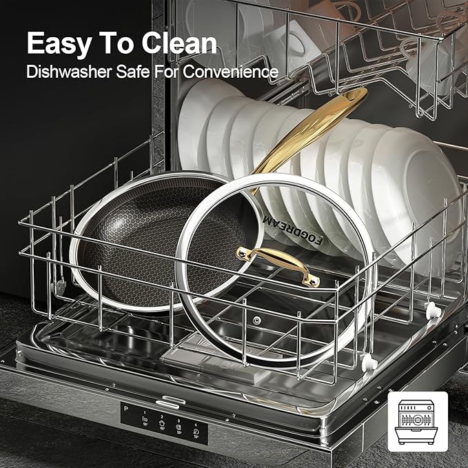 FogDream 8,10,12" Stainless Steel Frying Pan with Lid, Honeycomb Hybrid Nonstick Skillet for Induction & All Cooktops, PFAS/PFOA/PTFE Free, Oven Safe to 500°F, Stay-Cool Handle, Dishwasher Safe, Gold