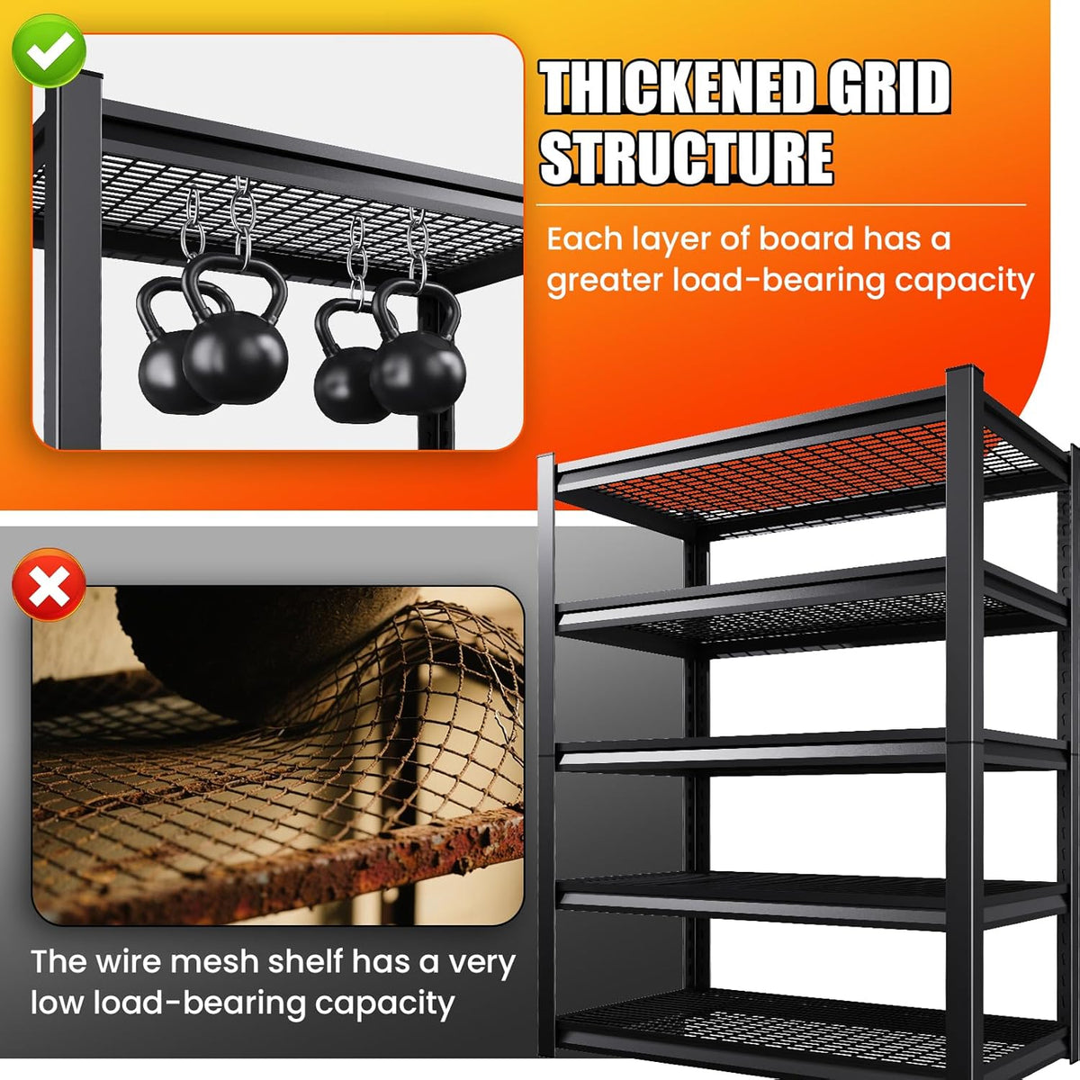 Large Garage Shelving, 5-Tier Garage Storage Shelves 3000LBS Heavy Duty Shelving Unit, Adjustable Steel Metal Shelving, Wire Shelves for Garag, Utility Rack Shelf for Basement, 72”H×59”W×19.7”D