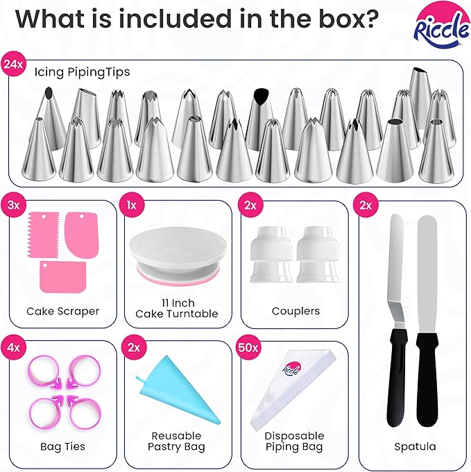 Riccle 88 pcs Cake Decorating Kit with Pink Cake Turntable - Includes 50 Disposable + 2 Reusable Piping Bags and Tips Set, 24 Icing Piping Tips, 2 Spatulas, 3 Icing Comb Scraper, Baking Supplies