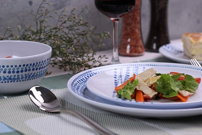 Melamine Dinnerware Sets, 12Pcs Plates and Bowls Sets Dinnerware Sets for 4, Unbreakable Dish Set for Indoor and Outdoor Use, Dishwasher Safe Raindrops Design