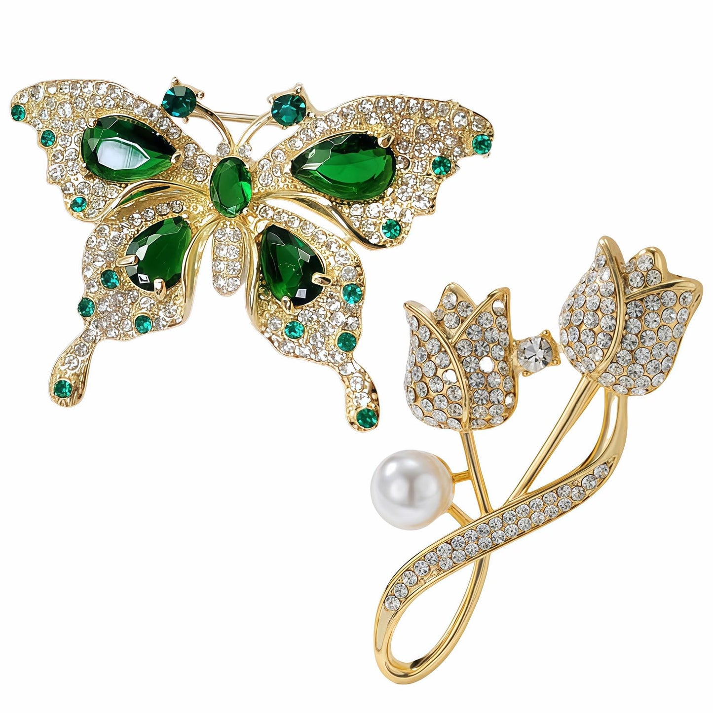 Yaximhozz 2pcs Rhinestone Brooch Pin for Women Dress Elegant Stylish Crystal Brooches Fashion Accessories Pins Lapel Boutonniere Ideas Wedding Christmas Birthday Jewelry Easter Gift (13 Green Butterfly/Gold)