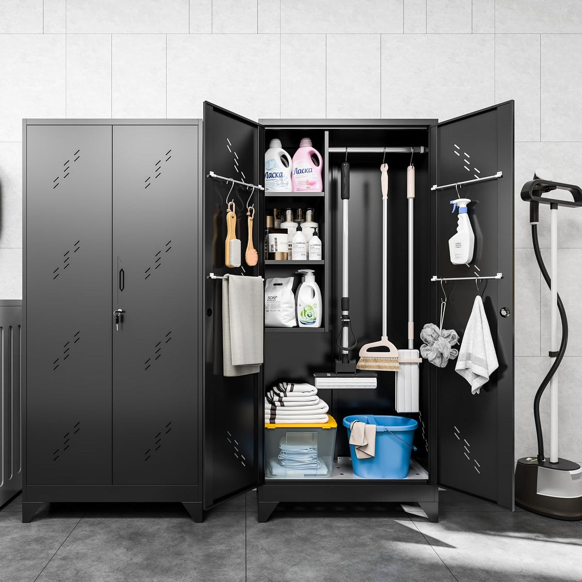 Metal Garage Storage Cabinet, 75” Cleaning Tool Cabinet with Hooks and Hanging Rods, Heavy Duty Garden Tool Organizer, Broom Cabinets for Home, Garage, Laundry Room, Gym, Workshop
