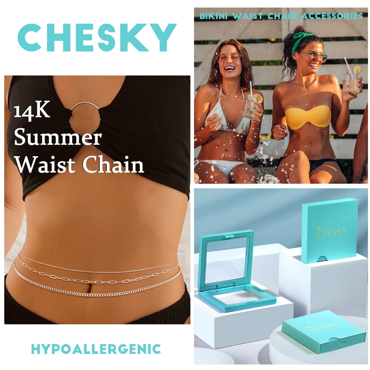 CHESKY Layered Waist Chain for Women, Silver Plated Belly Belt Chains Beach Waist Chain Waterproof Cuban Paperclip Body Chain Summer Jewelry Accessories for Women