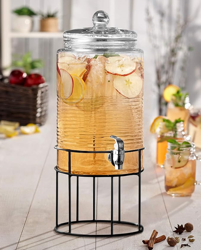 Style Setter Covina Beverage Dispenser with Stand Cold Drink with 1.9 Gallon Capacity Glass Jug and Leak-Proof Acrylic Spigot in Gorgeous Gift Box Great for Parties, Weddings and More