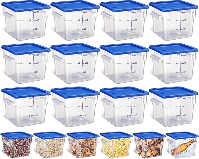 Yungyan 12 Pcs 4 Qt Commercial Food Storage Containers with Lids Restaurant Square Airtight Food Storage Containers Clear Cereal Containers for Kitchen Freezer Dishwasher Pantry(Blue Lid)
