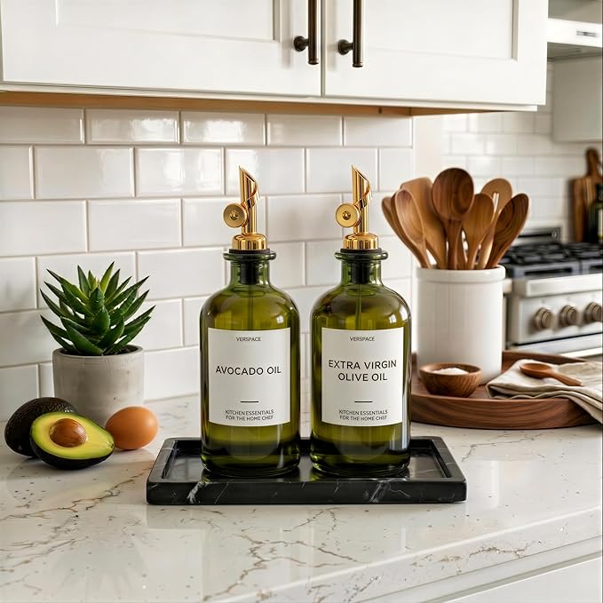 Verspace UV-Protected Green Glass Olive Oil Dispenser Bottles For Kitchen - 2 Pack - 17oz Includes 40 Kitchen Essential Labels, Avocado Oil Dispenser Set, Modern Decor for Home, Airbnb, Cafe Set of 2