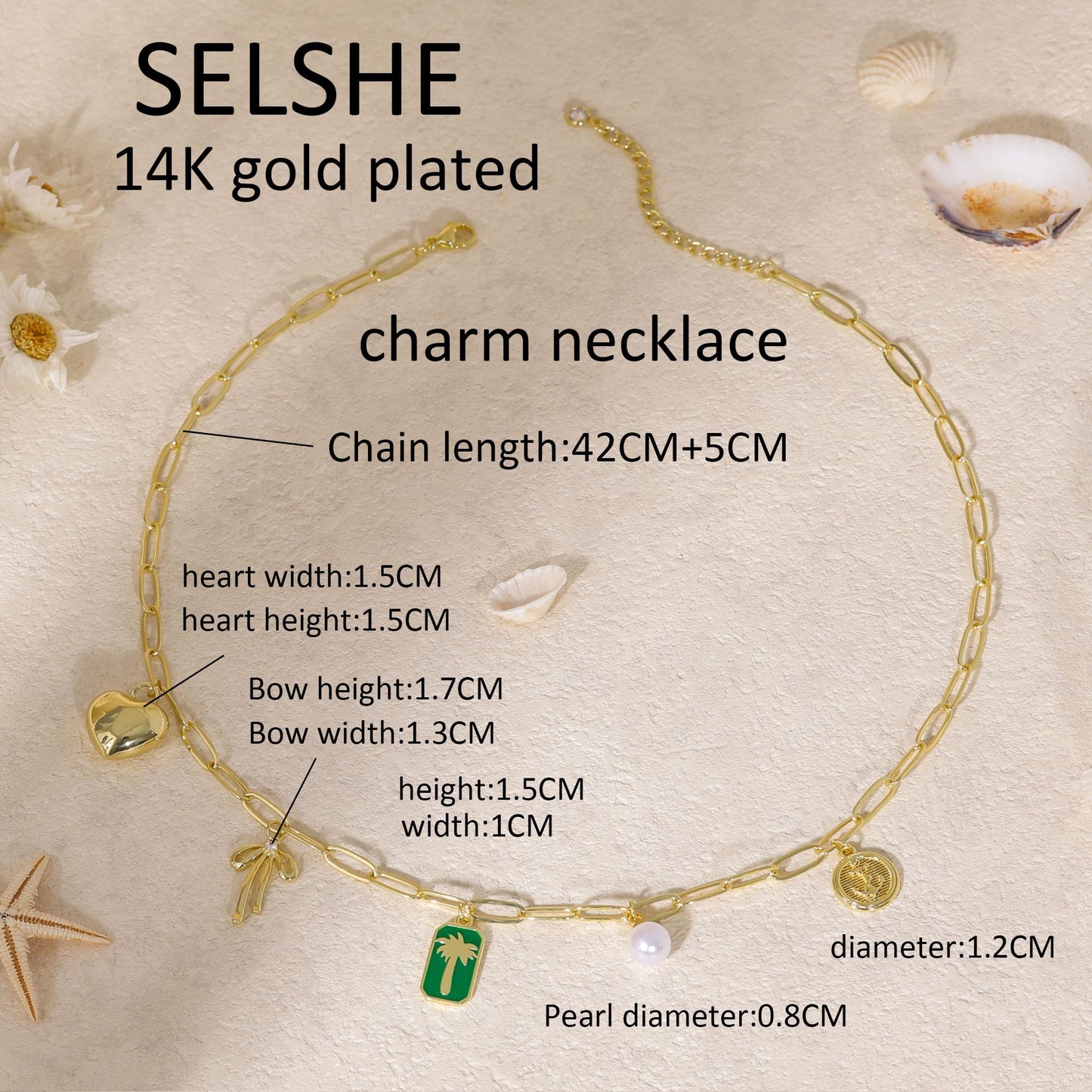 SELSHE Charm Necklace for Women,Dainty Gold Heart Bow Necklace Charms Cute 14k Gold Plated Necklaces for Women Trendy Waterproof Jewelry