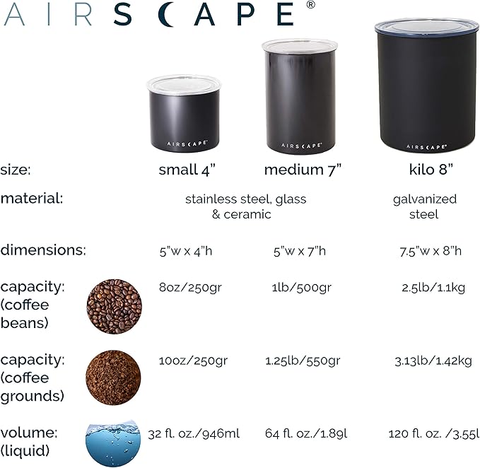Planetary Design Airscape® Stainless Steel Coffee Canister | Food Storage Container | US Patented Inner Plunger Lid REMOVES Excess Oxygen | Don't Buy airtight, Buy AIR-Less | (Medium, Matte White)
