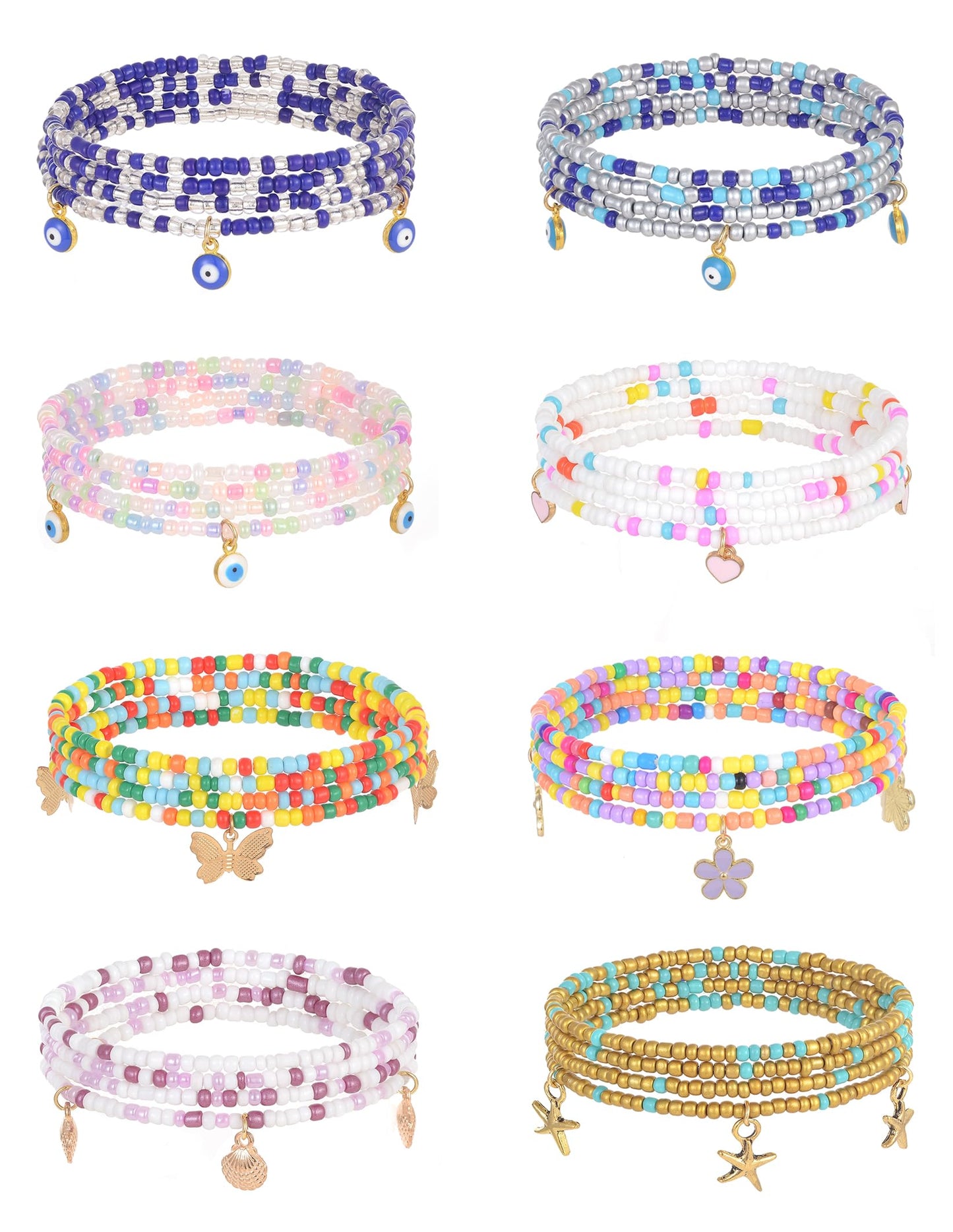 Tornito 8Pcs 31.5 Inches African Waist Bead Chain Elastic Belly Beads Butterfly Starfish Blue Evil Eye Flower Shell Layered Body Chain Colorful Jewelry Accessories for Women (E:8Pcs(Ocean))