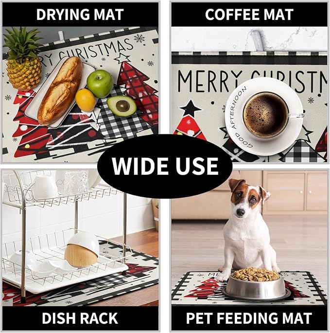 Christmas Trees Kitchen Dish Drying Mat 18x24 Inch Merry Christmas Black White Buffalo Plaid Dish Drainer Mat Absorbent Reversible Microfibe Drying Dish Pad for Winter Kitchen Counter Decor