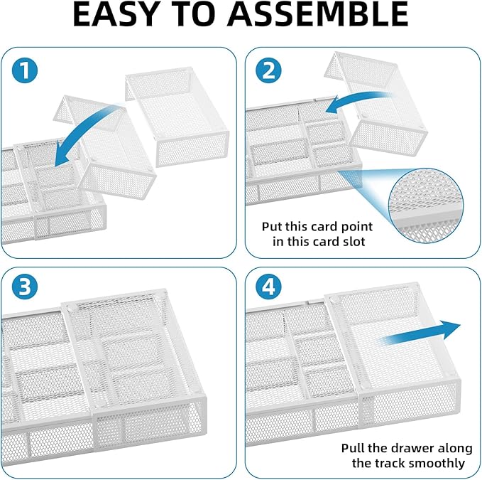 Marbrasse Expandable Desk Drawer Organizer, Mesh Drawer Organizer Tray with 10 Adjustable Compartments, Desk Organizers and Accessories for Office Supplies (Longer Expandable Drawer Organizer-W)
