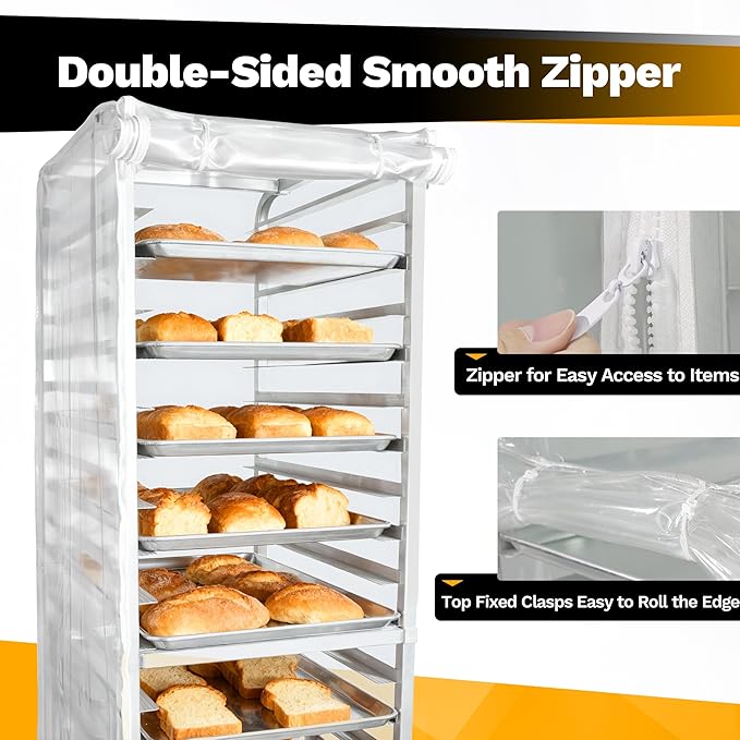 BIEAMA Bun Rack Cover – 20 Tier Commercial Bakers Racks Sheet Pan Rack Cover PVC with 2 Sided Zippers, Clear 27" L x 21" W x 64" H