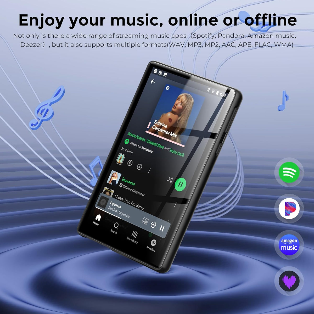 128GB MP3 Player with Bluetooth and WiFi，Music Video Player with Spotify Pandora,Amazon Music, 5" Touch Screen Android MP4 MP3 Player for Kids with Audible, YouTube, Spotify Kids,up to 256GB(Black)
