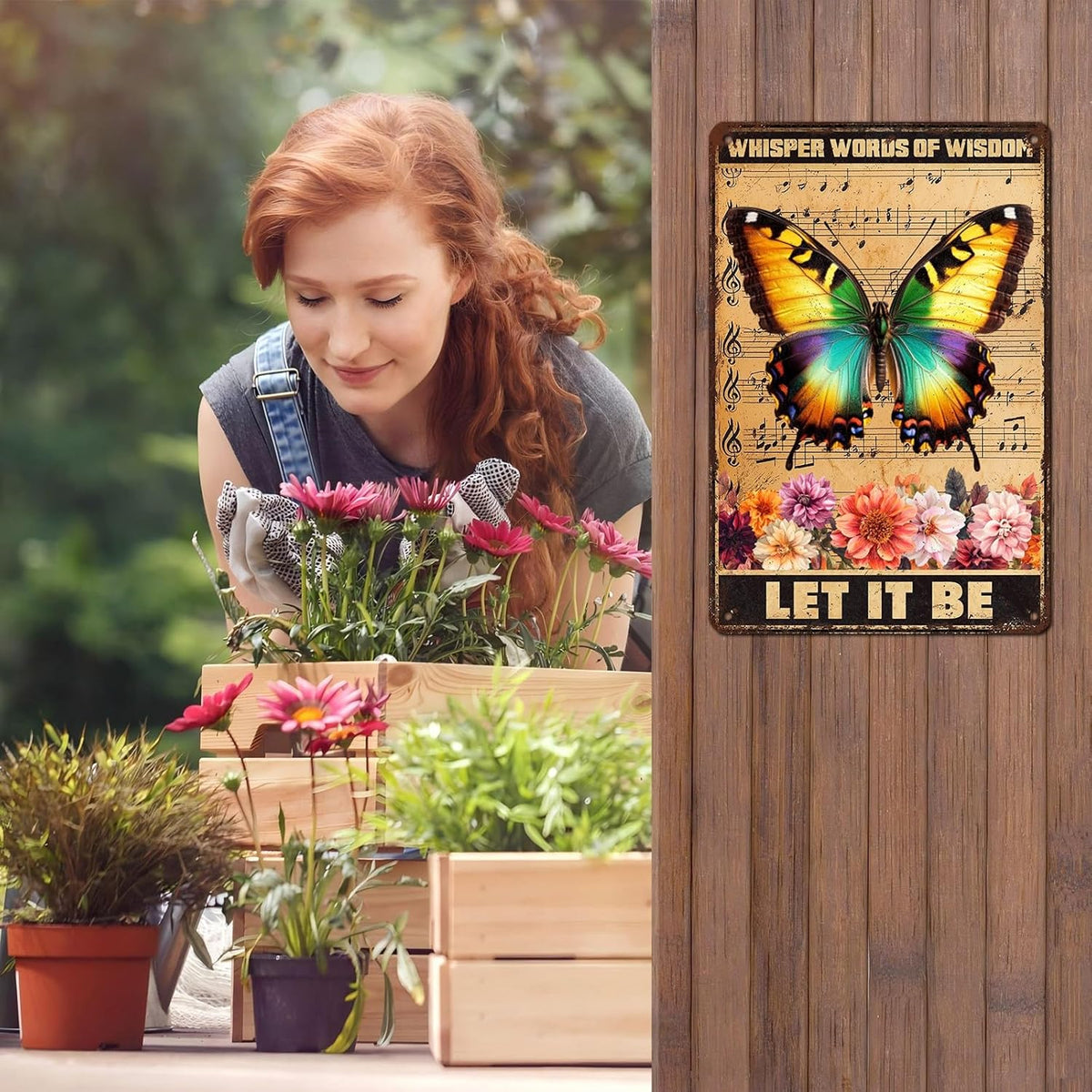 Vintage Garden Tin Sign Whisper Words Of Wisdom Let It Be Retro Butterfly Metal Poster Funny Wall Art Cafe Office Wall Decor for Kitchen Home Bar Pub Club 12 * 8inch