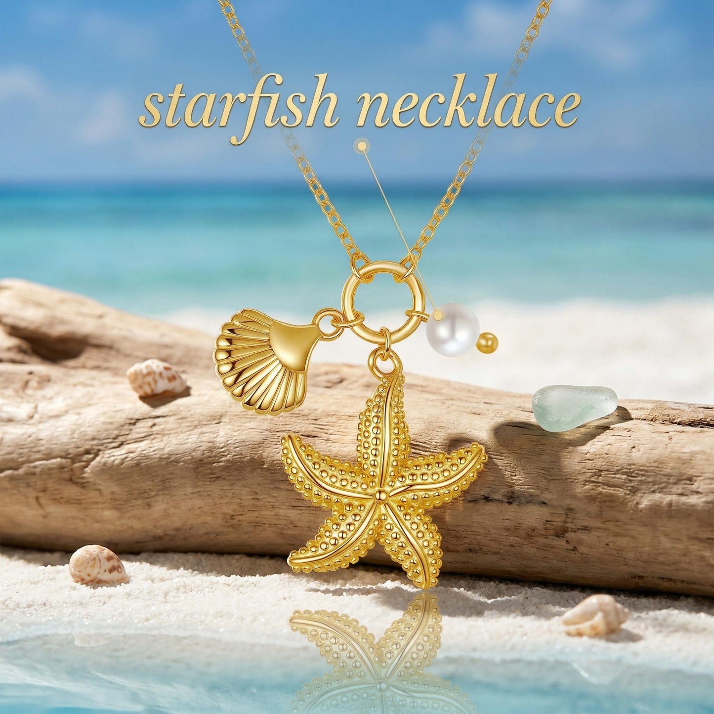 LUANIOL Starfish Necklace 18K Yellow Gold Plated Starfish Seashell Pendant Necklace Beachy Jewelry Gifts for Women