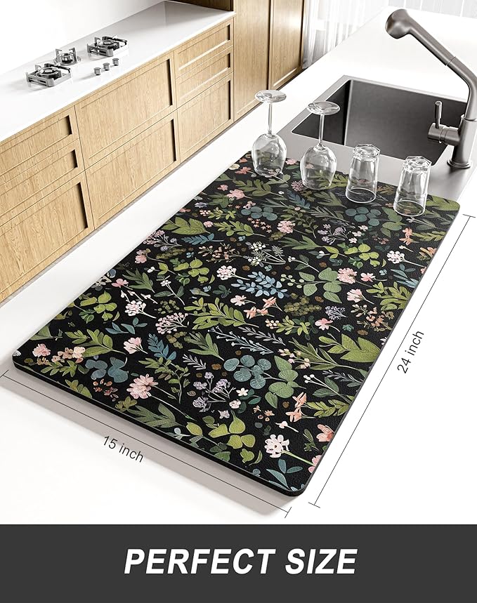 Rnivvi Dish Drying Mat for Kitchen Counter, XL 15 x 24" Cute Flower Theme Super Absorbent Drainer Pad, Non-Slip Heat Resistant Coffee Bar Mat for Coffee Machine Station Accessories,Black Dish Rack Pad
