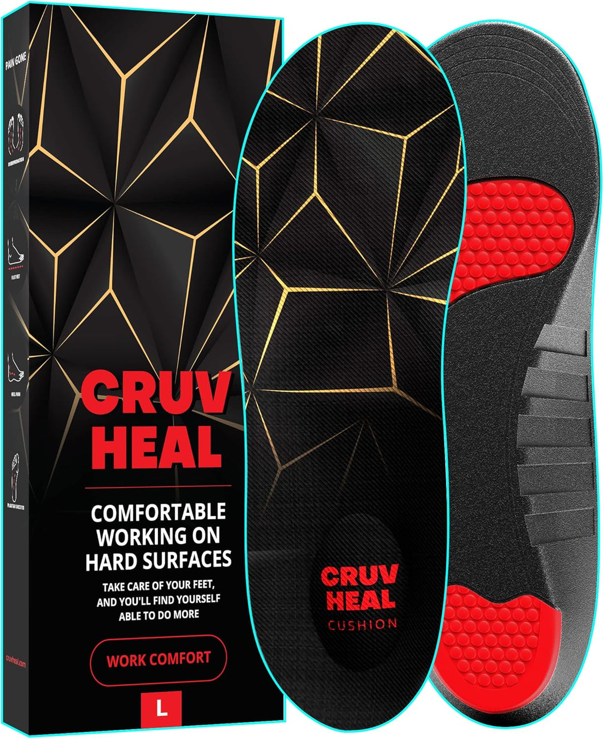 Work Pro Comfort Insoles - Shock Absorption - Low Arch - Cushioning Anti Fatigue Shoe Insert Men Women - Non-Slip - Soft Comfortable Work Boot Insoles - Foot Pain Relief (L, Black)
