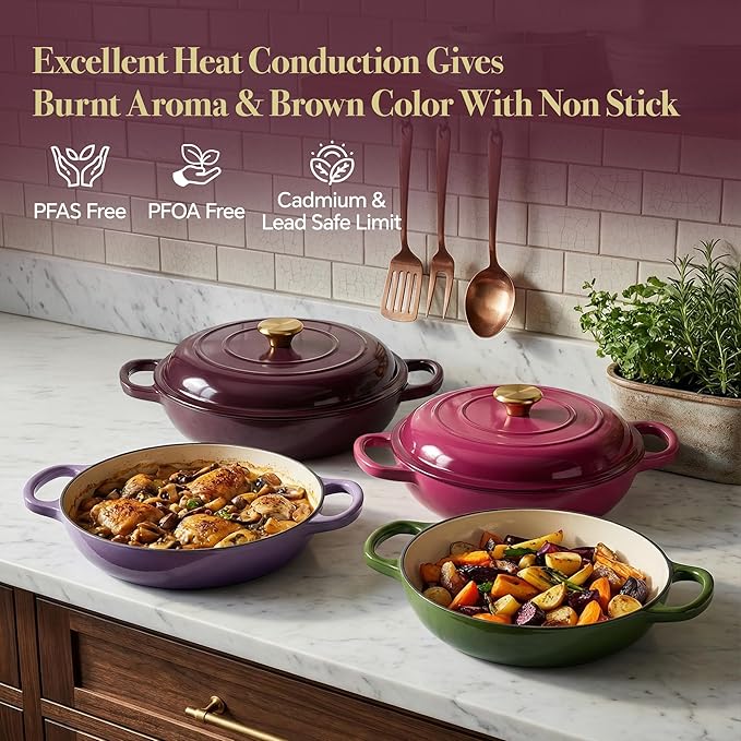 Vintage Style 3 Quart Enameled Cast Iron Braiser, Non Stick Enameled Cast Iron Skillet with Lid, Dutch Oven Skillet with lid up to 500°F for Oven, Stove, Grill, Shallow Dutch Oven for Cook, Bake (Fig)