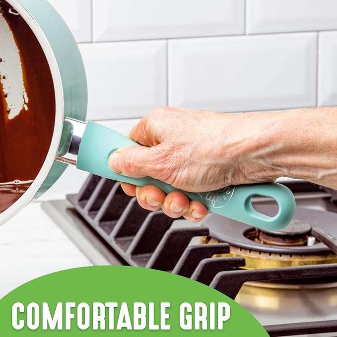 GreenLife Soft Grip Diamond Sandstone Healthy Ceramic Nonstick, 2QT Saucepan Pot with Lid, PFAS-Free, Dishwasher Safe, Turquoise and Cream