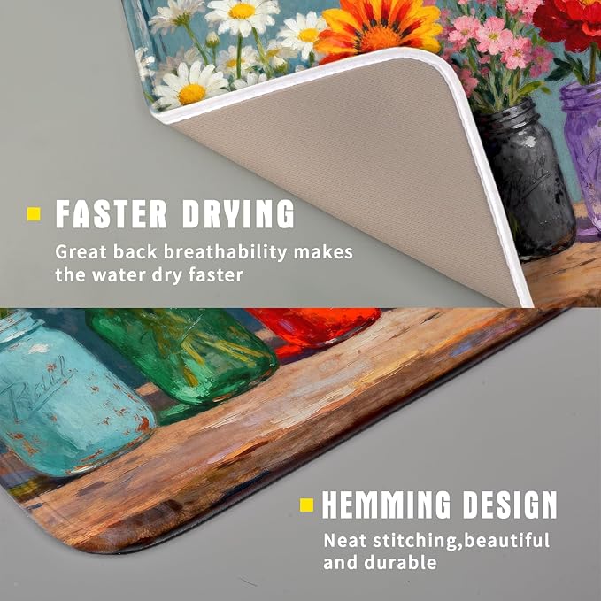 Small Dish Drying Mat for Kitchen Counter 16x18, Spring Summer Floral Decorative Absorbent Reversible Microfiber Kitchen Countertop Protector Dishes Drainer Pad