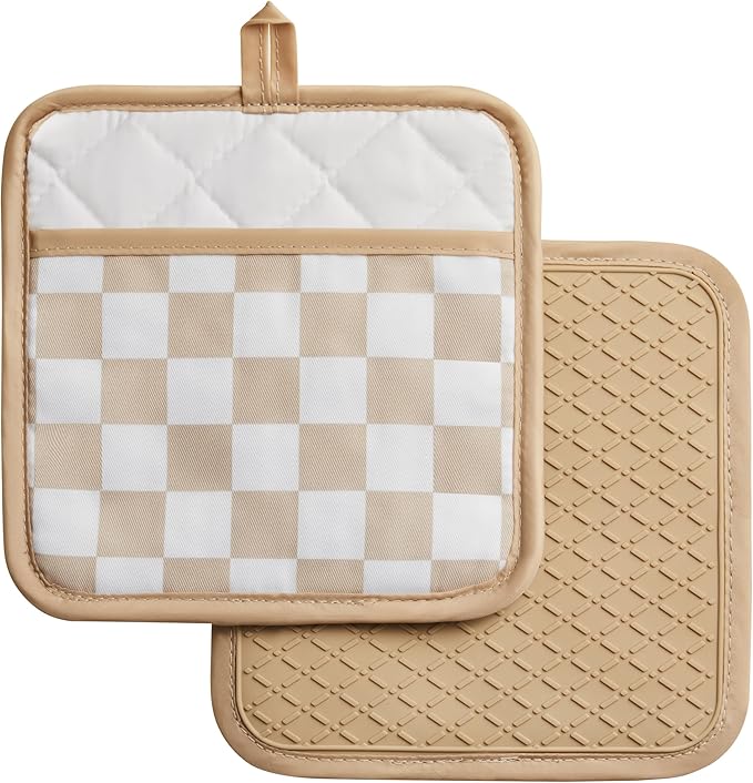 Ohocut Beige Checkered Pot Holder, Checkerboard Potholders for Kitchen, Silicone Pot Holders with Pocket for Kitchen Clearance 2 Pack Set, Hot Pads and Oven Mitts for Cooking Baking