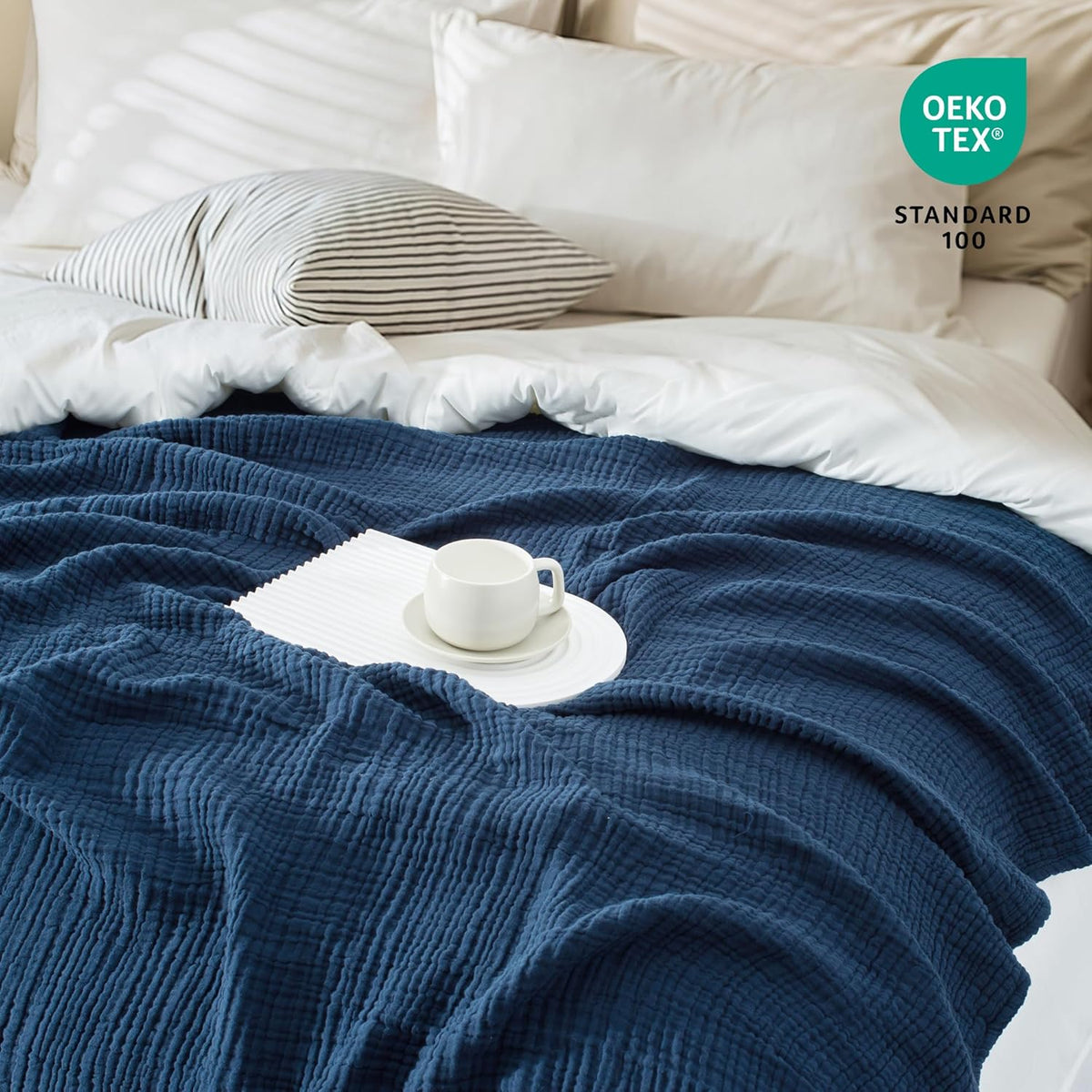 Carriediosa 100% Cotton Muslin Throw Blanket 70" X 80" Twin Size，4-Layers Summer Gauze Throws for Bed Couch，Soft Lightweight Breathable Linen Blankets Bedspread for Adults All Season，Navy Blue