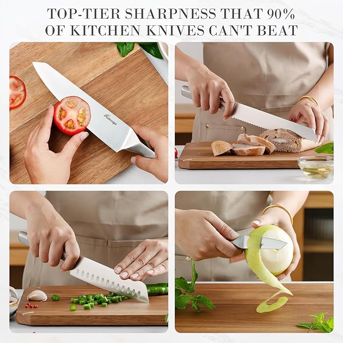 Knife Block Set, Japanese Stainless Steel Kitchen Knife Set with Built-in Sharpener, Sharp Knives with Non-slip Ergonomic Handle - Dishwasher Safe, Home Essential Gifts