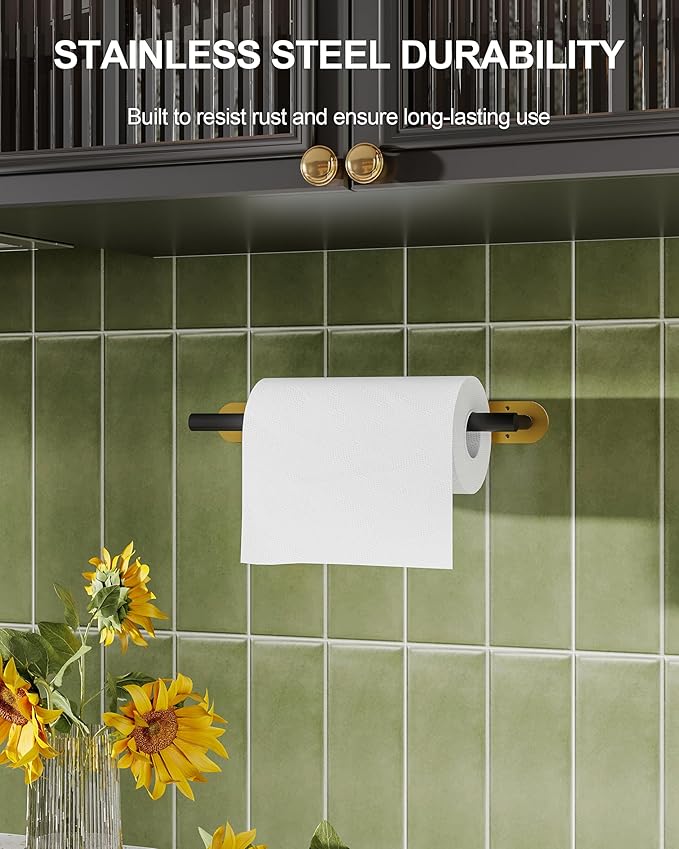 Paper Towel Holder Under Cabinet Black and Gold, Self Adhesive or Wall Mounted SUS304 Stainless Steel Paper Towel Holder for Kitchen, Bathroom, Farmhouse, Barbecue and Laundry (Black&Gold)