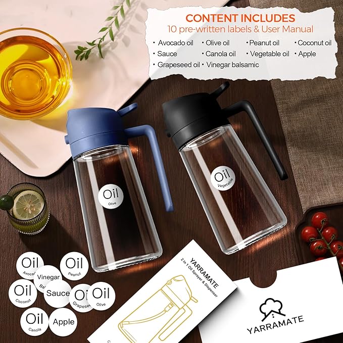 YARRAMATE 2Pcs 16oz/470ml Glass Olive Oil Sprayer for Cooking with Stickers, 2 in 1 Oil Dispenser for Kitchen Gadgets, Food Grade Premium Spray Bottle with Portion Control for Salad, BBQ (Black&Navy)