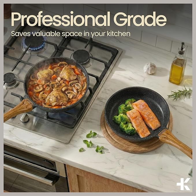 Bakken Master 20 Piece Cookware Set - Pots and Pans with Handle Grips and Tempered Glass Lids, With 6-piece Bakeware Set, Nonstick Granite Coating, Ceramic Max Temperature (Up To 500°F), Marble Color