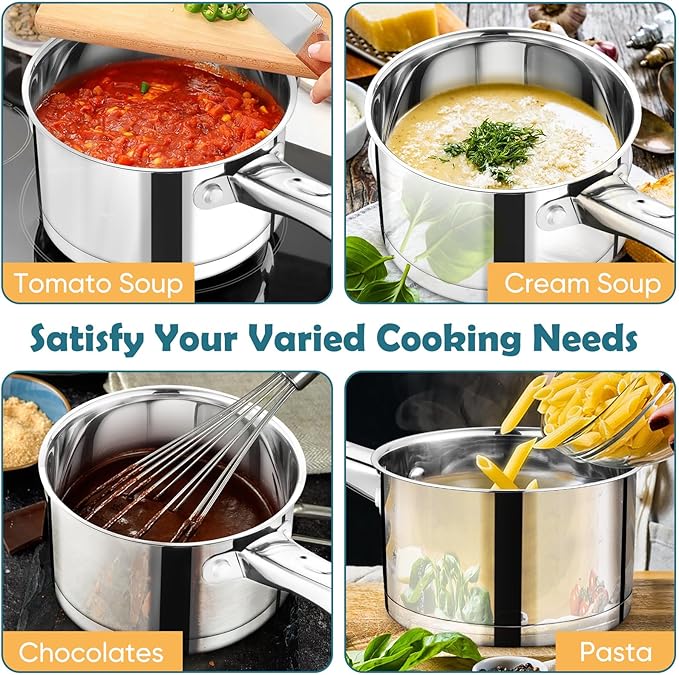 P&P CHEF 3 Quart Saucepan with Lid Set, Stainless Steel Small Cooking Pot Induction Sauce Pan for Pasta Soup, Ergonomic Handle & Tri-ply Base, Dishwasher Safe, 1 Pan