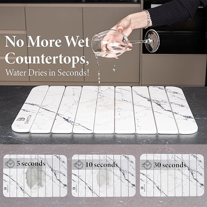 Stone Drying Mat for Kitchen Counter – Super Absorbent Stone Dish Drying Mat, Foldable & Quick Dry, Diatomaceous Earth Mat for Dish & Bottle, Ideal for Kitchen - 23.6" x 15.4", White