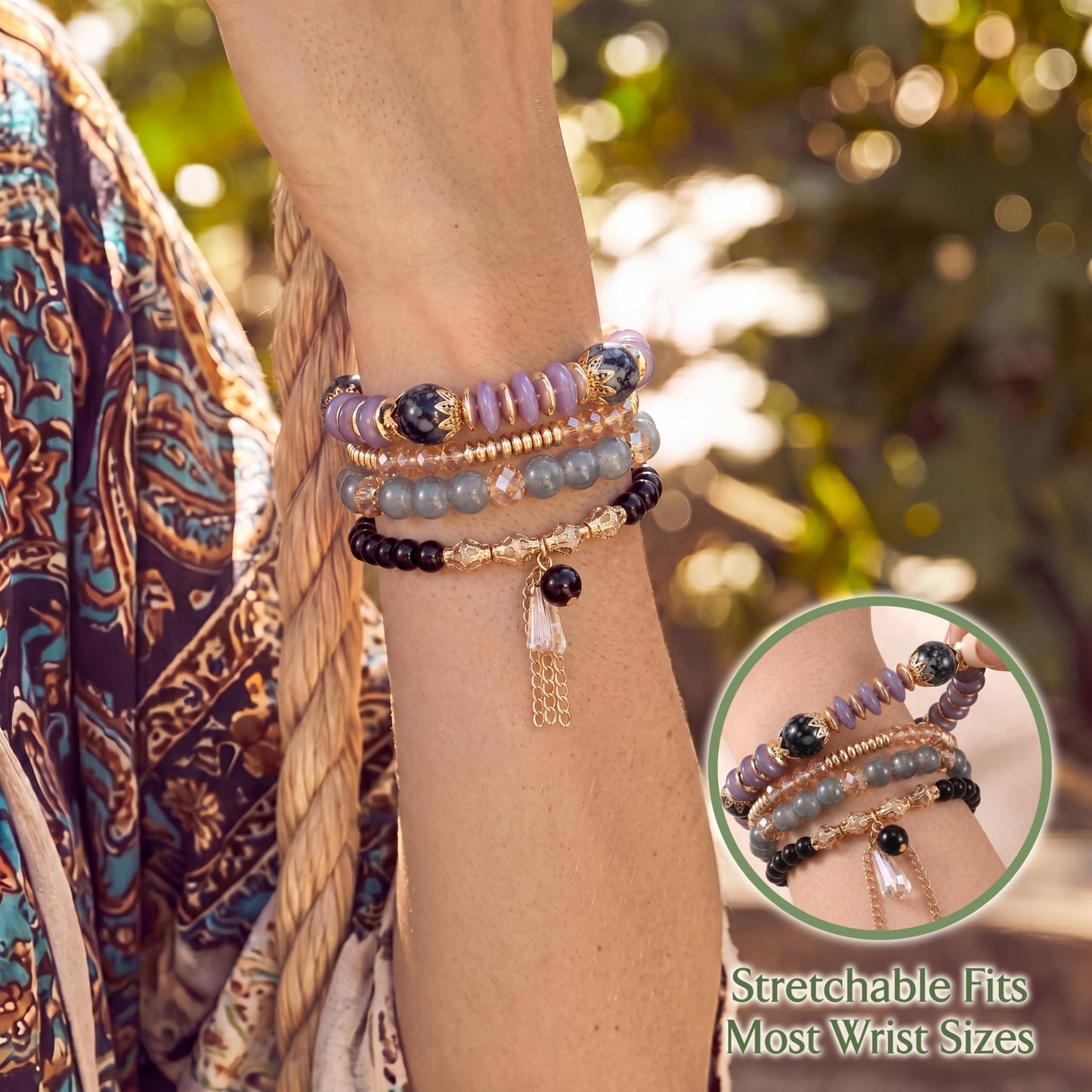Tungary 4Pcs Beaded Bracelets for Women Bohemian Bracelet Stacks Handmade Natural Stone Stretch Bracelets Multi-Color Daily Wear Accessories Summer Beach Boho Jewelry Gift Purple Bracelet Set