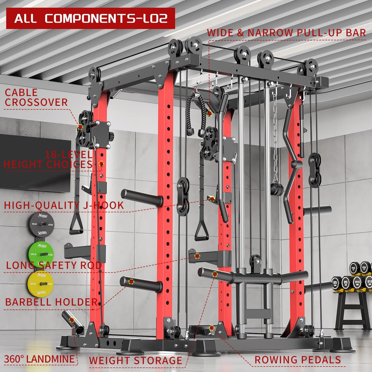 Power Cages Multi-Purpose Squat Rack with Cable Crossover System, Matching Weight Bench, Olympic Barbell Weight Set for Garage and Home Gyms