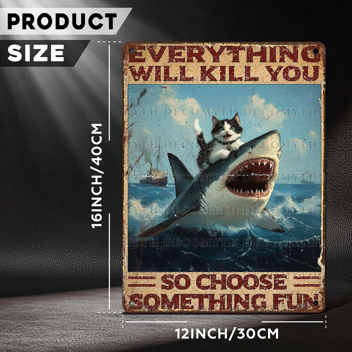 Vintage Cat Tin Sign Everything Will Kill You So Choose Something Fun Retro Shark Metal Poster Funny Cat Lovers Wall Art Decorations for Home Shop Bar Hotel Indoor Outdoor 12 * 16inch