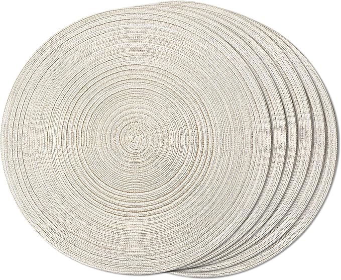 FunWheat Round Braided Placemats Set of 6 Easy Clean Place mats for Dining Tables Woven Heat Resistant Washable Table Mats 15 inches(Beige)