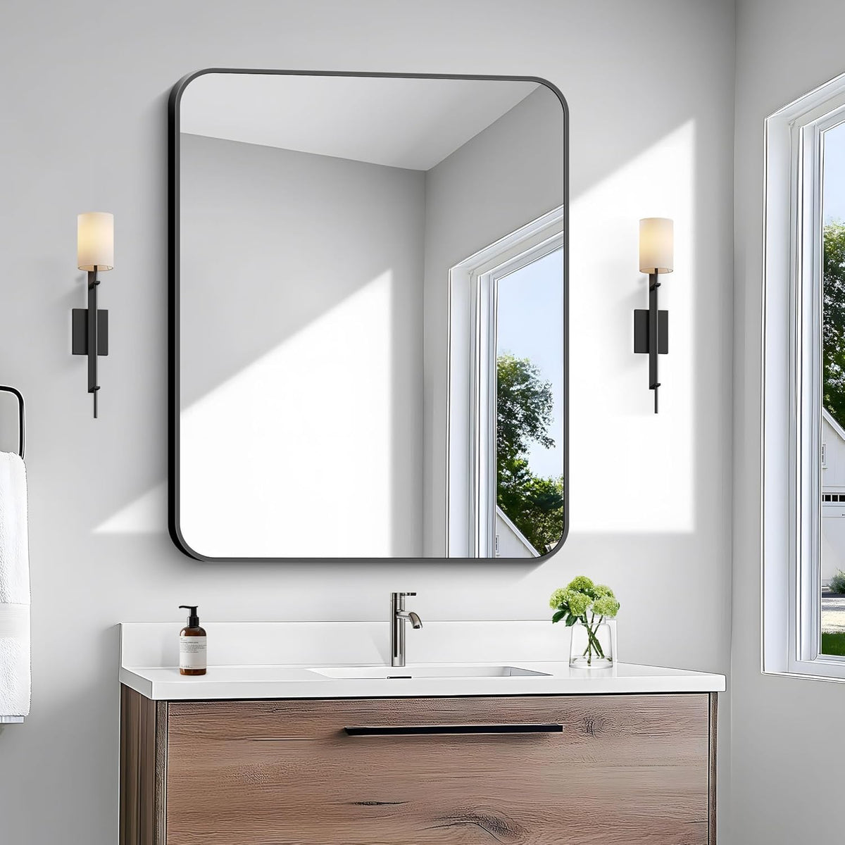 30x36 inch Bathroom Mirror,Black Rectangle Mirror,Wall Mounted Bathroom Frame Vanity Mirror with Round Corner for Bedroom Living Room, Entryway Hangs Horizontal or Vertical