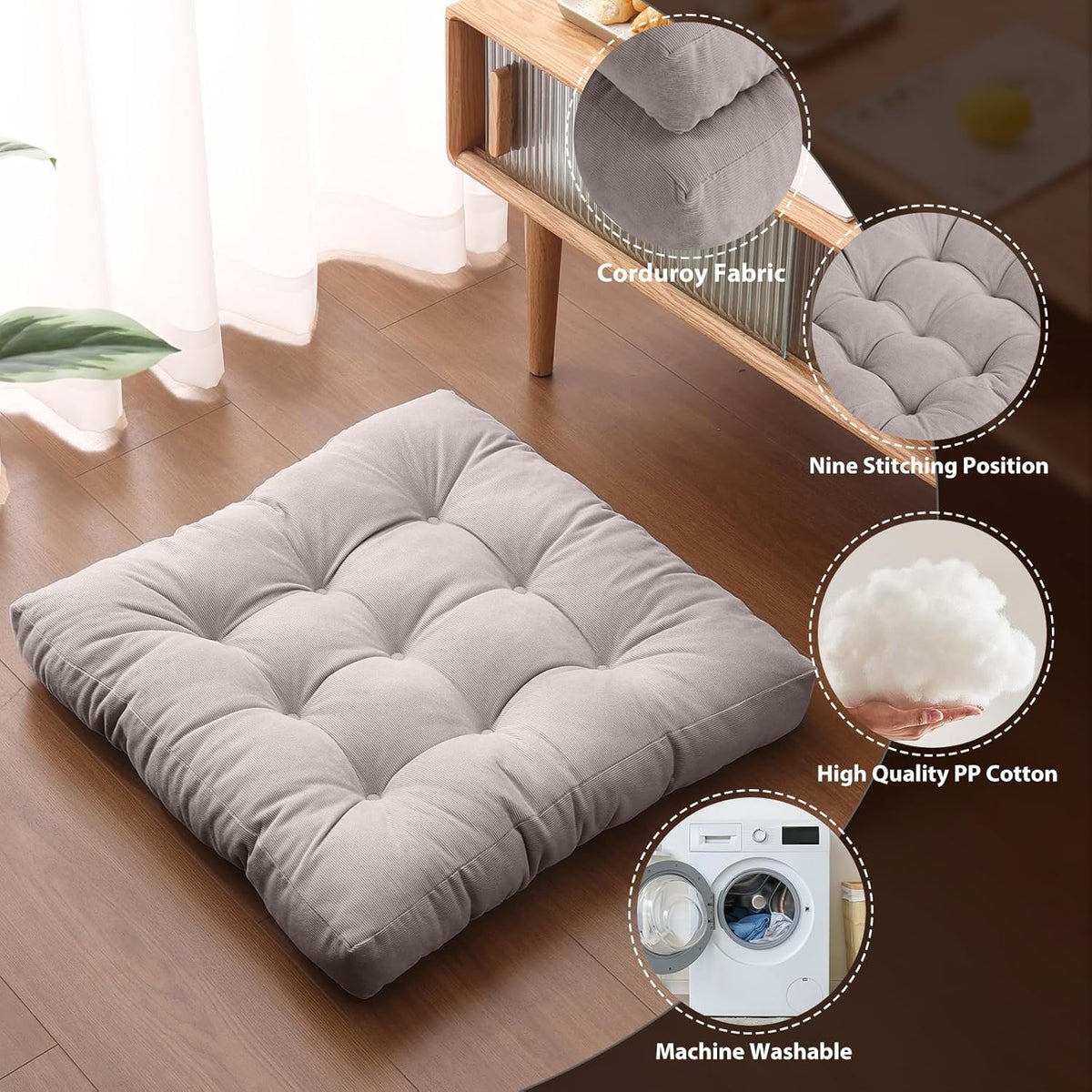 Tiita Meditation Floor Pillows, 22 Inch Square Floor Cushions for Adults, Thicken Tufted Seat Pad Set of 2, Large Floor Cushion for Yoga Garden Living Room Balcony Office Tatami, Grey