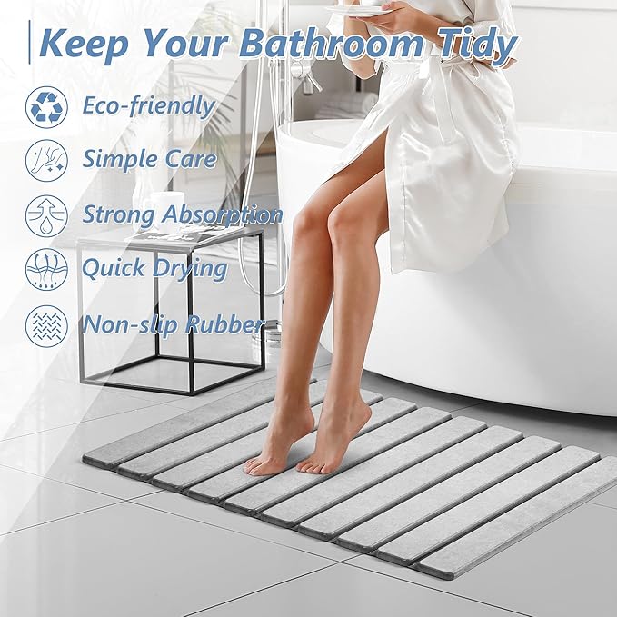 AWW Foldable Stone Bath Mat, Quick Dry Diatomaceous Earth Bath Mat with Non-Slip Mat, Super Absorbent, Easy to Clean, Compact for Small Bathrooms, 23.6 x 15.5, Light Grey