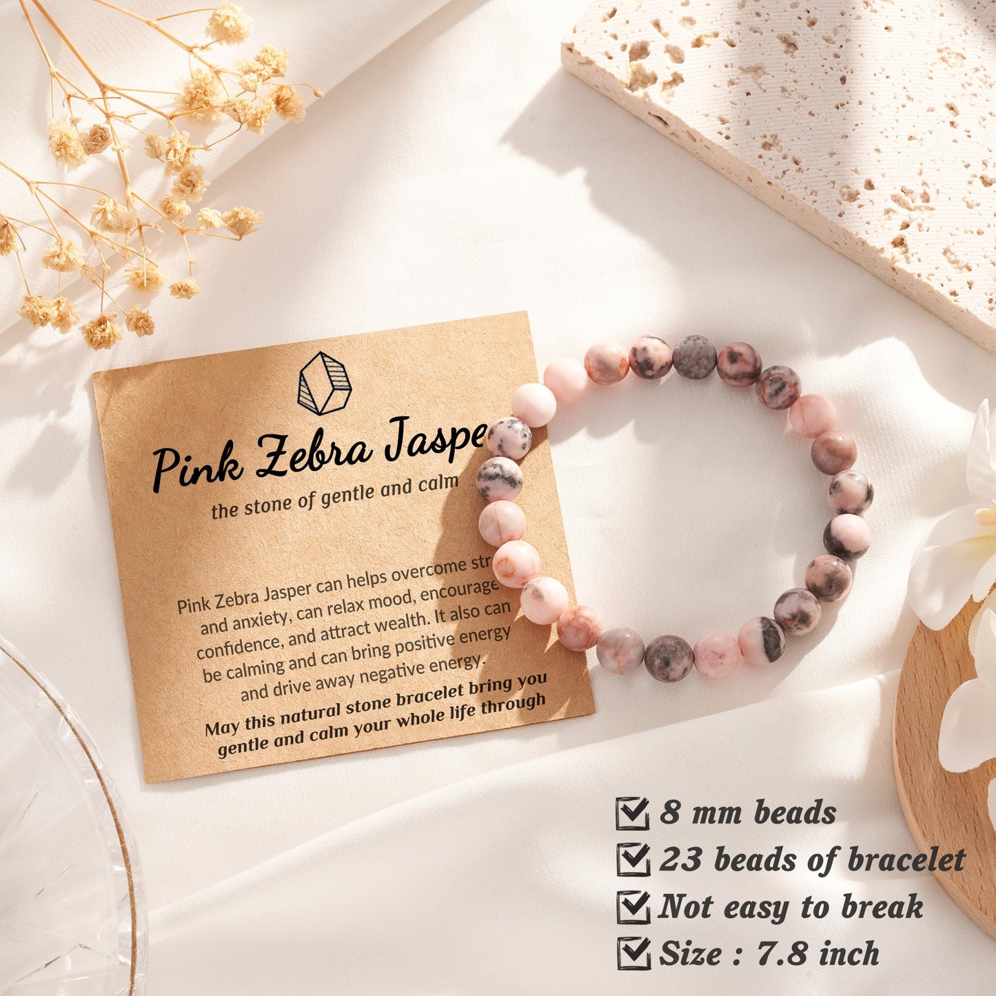 Seyaa Bracelet for Women, Pink Zebra Jasper Bracelet, Birthday Valentines Day Gift for Her Teen, Natural Crystal Stone